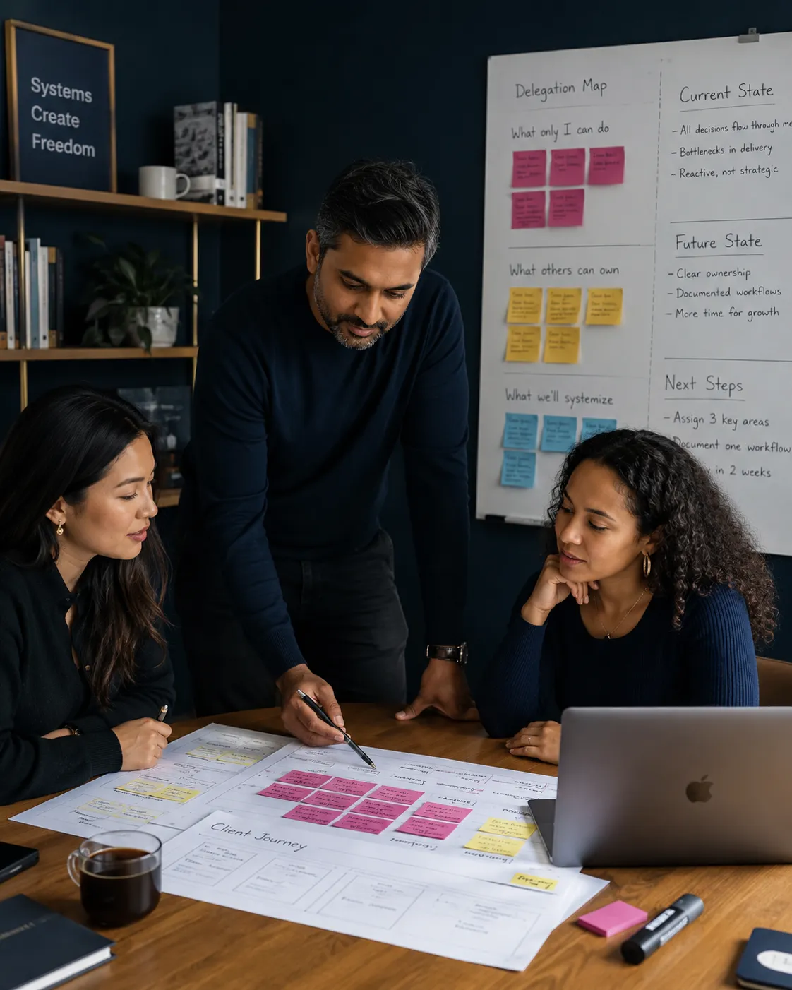 A founder-led team working through decisions, follow-up, and client delivery together.