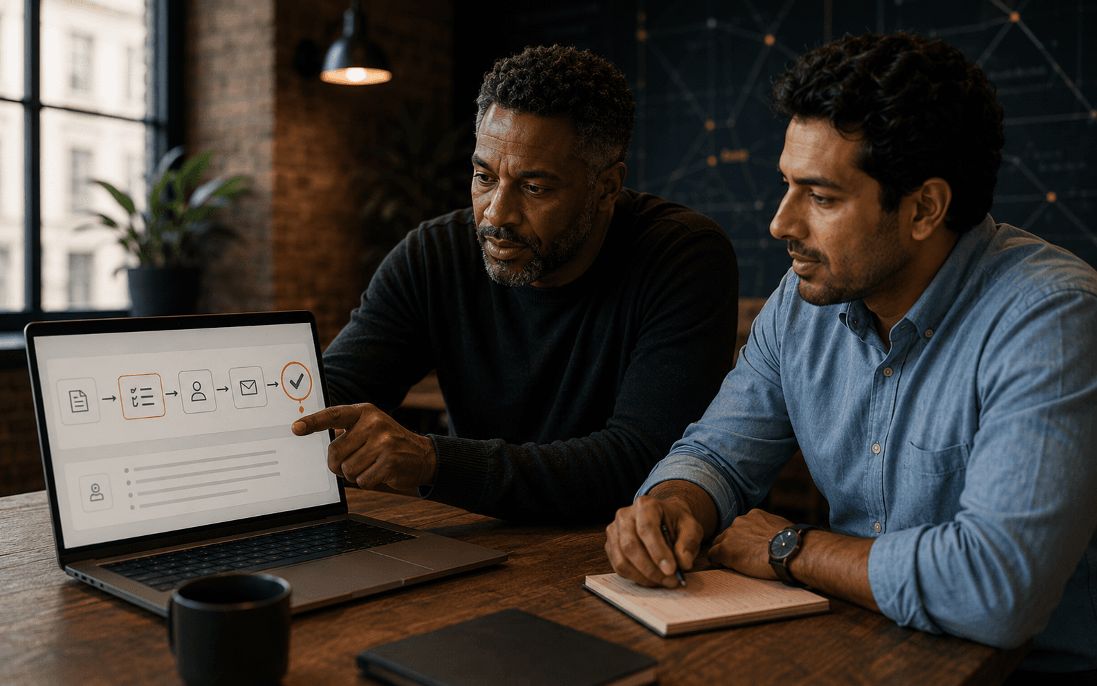 Two team members reviewing a human-approved automation workflow.