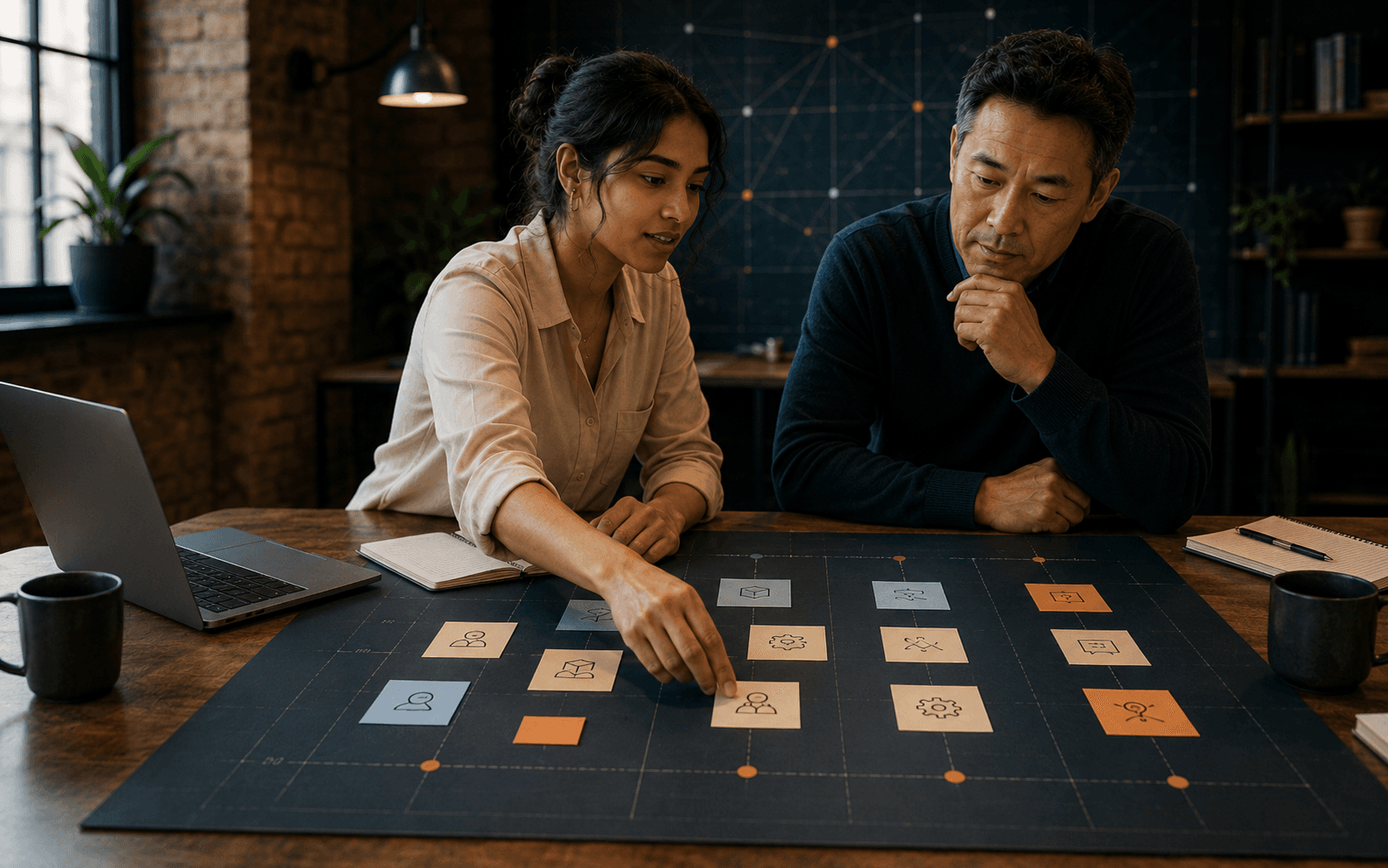 Two leaders mapping an AI implementation roadmap on a tabletop system map.