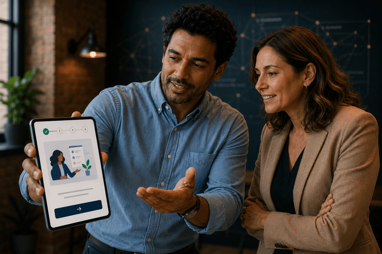 Two colleagues testing a guided digital experience on a tablet.