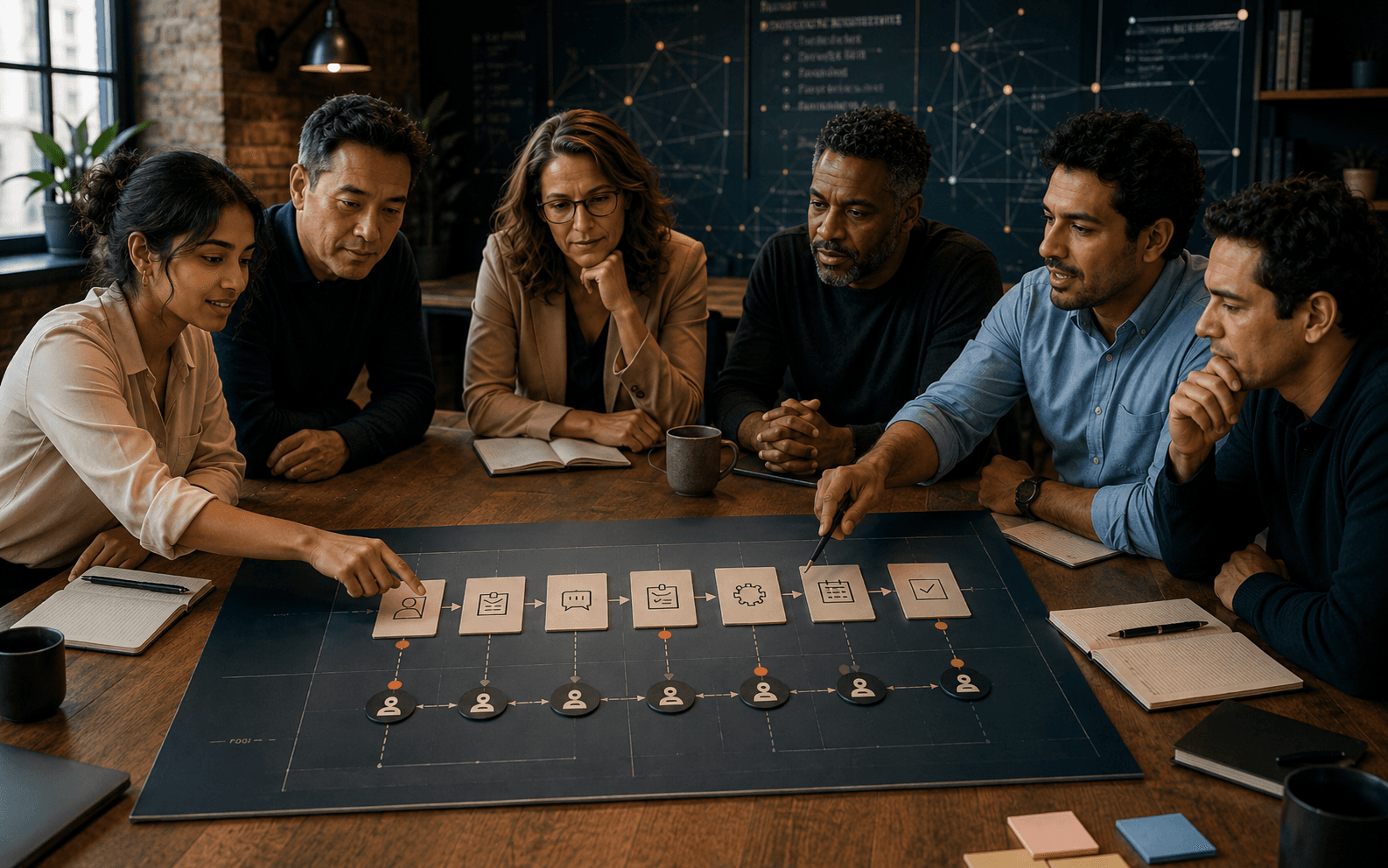 A cross-functional team clarifying a workflow and its owners.