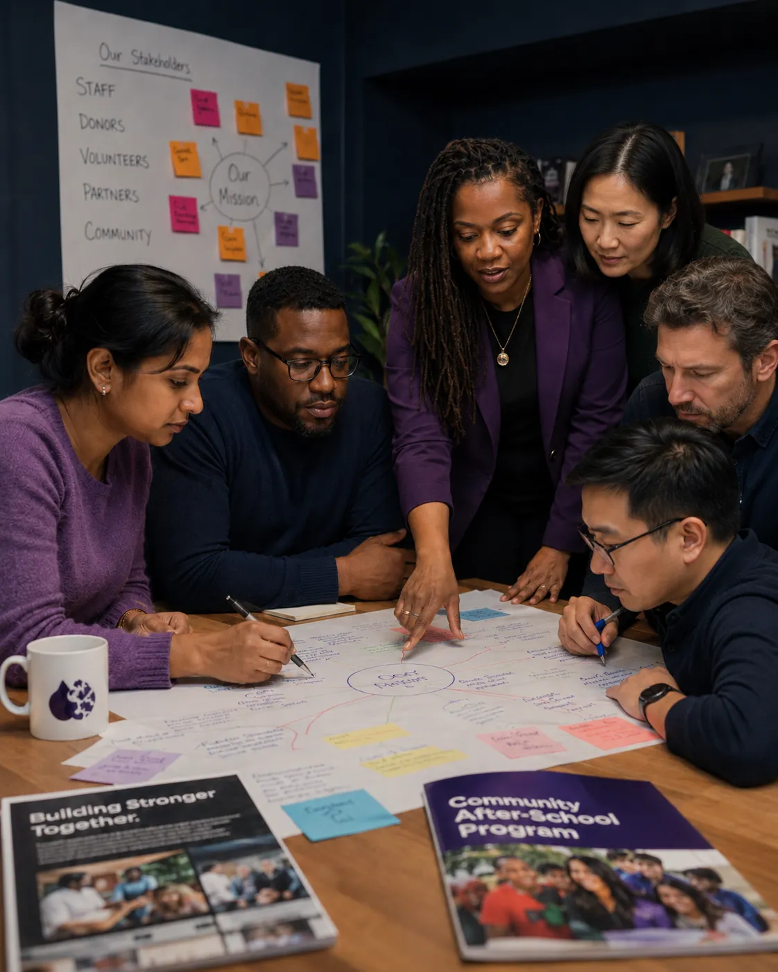 A nonprofit leadership team mapping the relationships between staff, boards, volunteers, donors, partners, and community members.