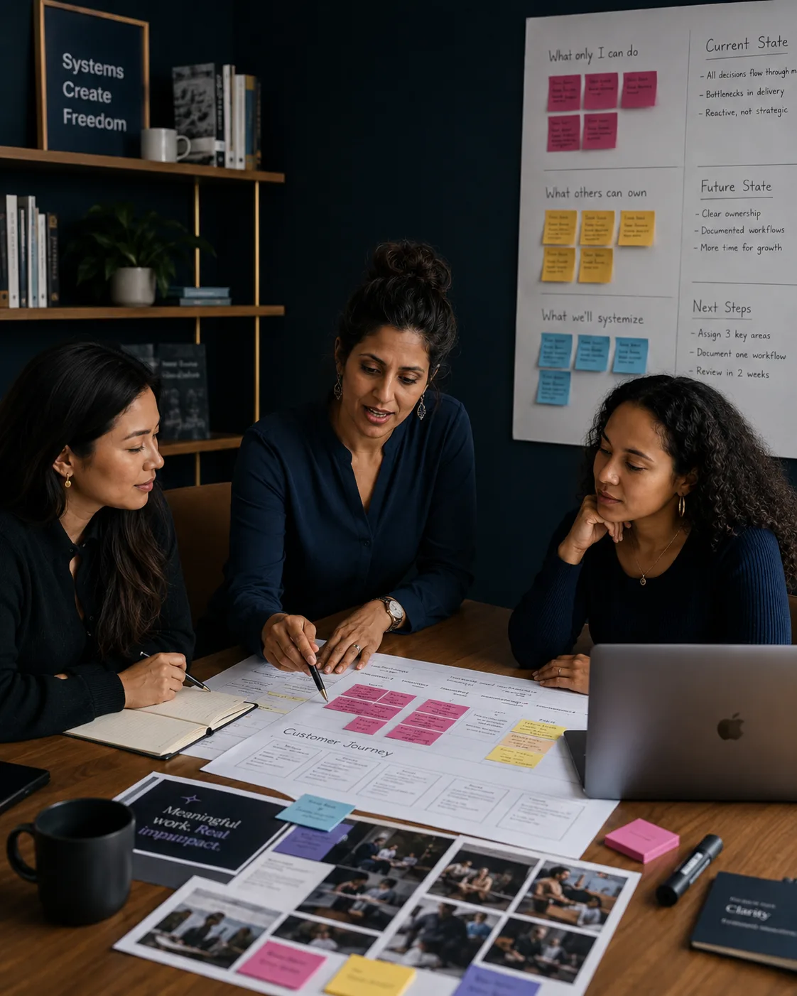 Female founder leading a purpose-driven brand team through a customer journey and workflow planning session.